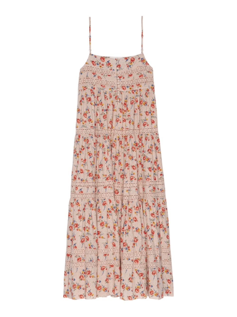 THE GREAT. Floral Tiered Maxi Dress - Blush with Red & Orange Blooms